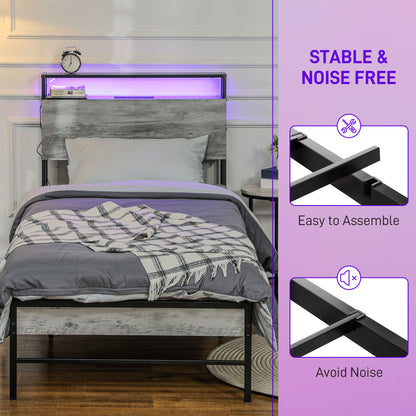 Single Steel Bed Frame, with LED Lights and Shelf - Grey