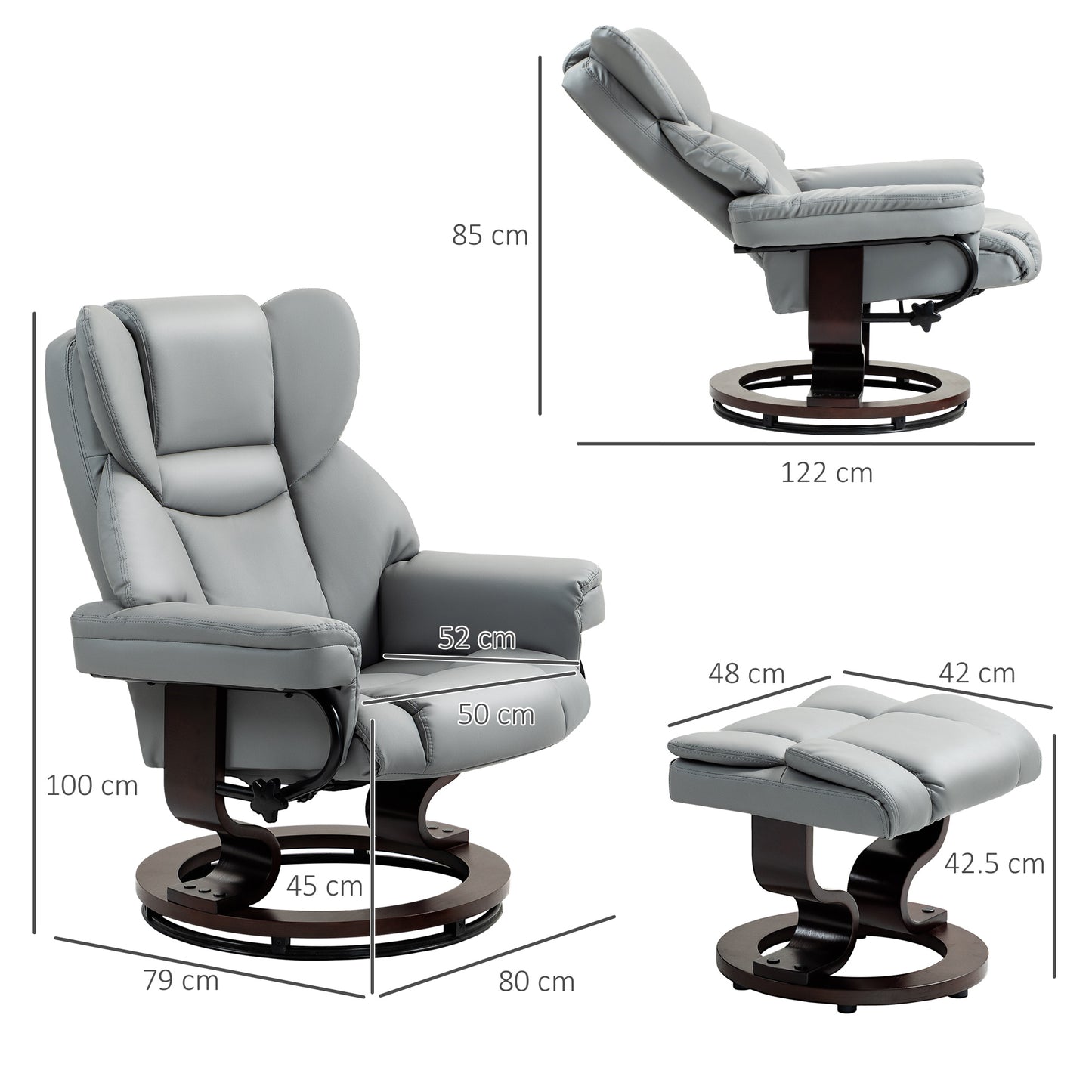 360° Swivel Recliner Chair with Footstool, PU Leather Manual Recliner Armchair with Footstool, Solid Wood Base