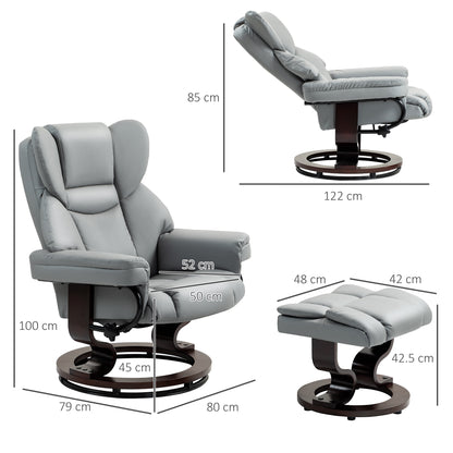360° Swivel Recliner Chair with Footstool, PU Leather Manual Recliner Armchair with Footstool, Solid Wood Base