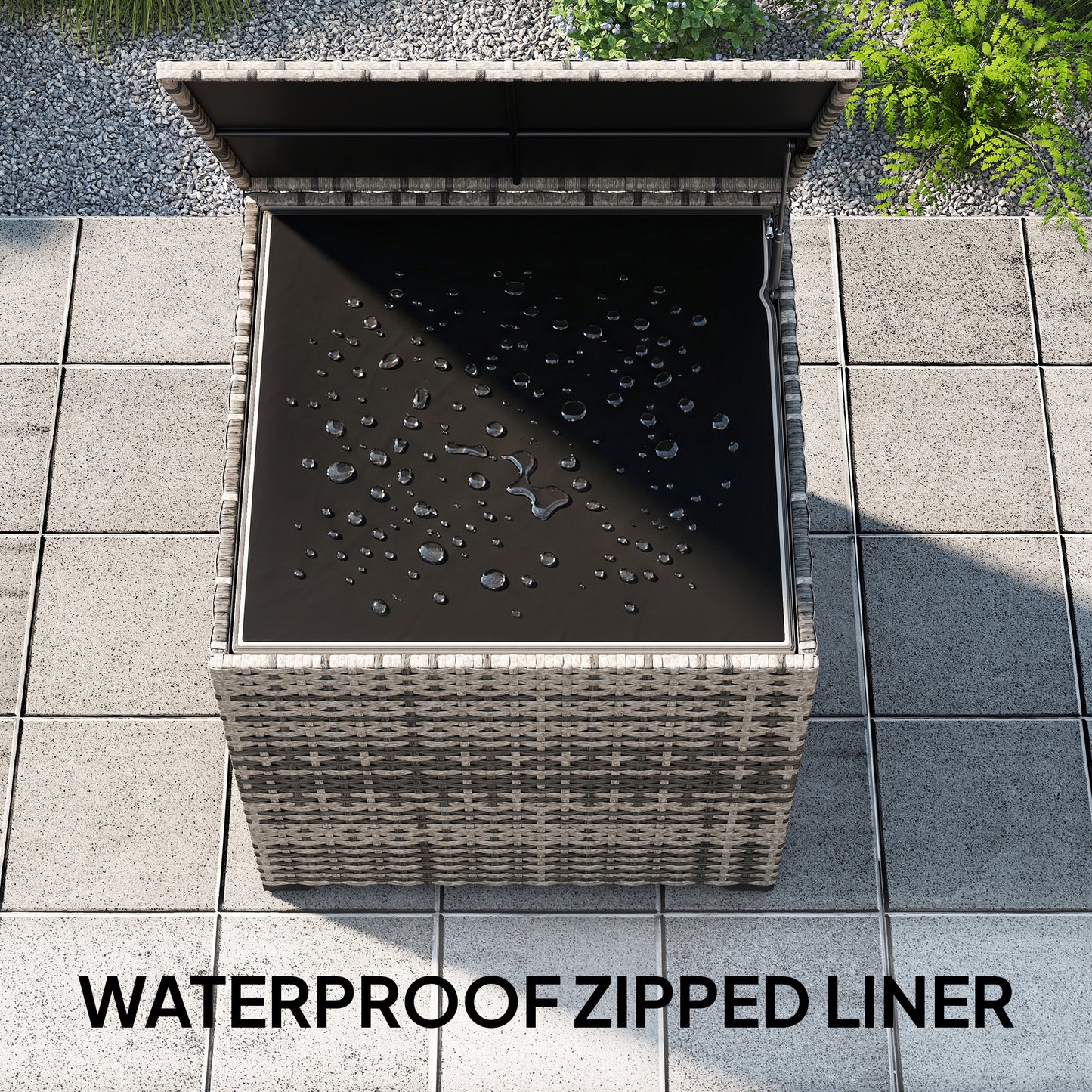 253L Garden Storage Box, Rattan Deck Box with Zipped Liner, Safe Pneumatic Rod, Patio Storage Container, Mixed Grey