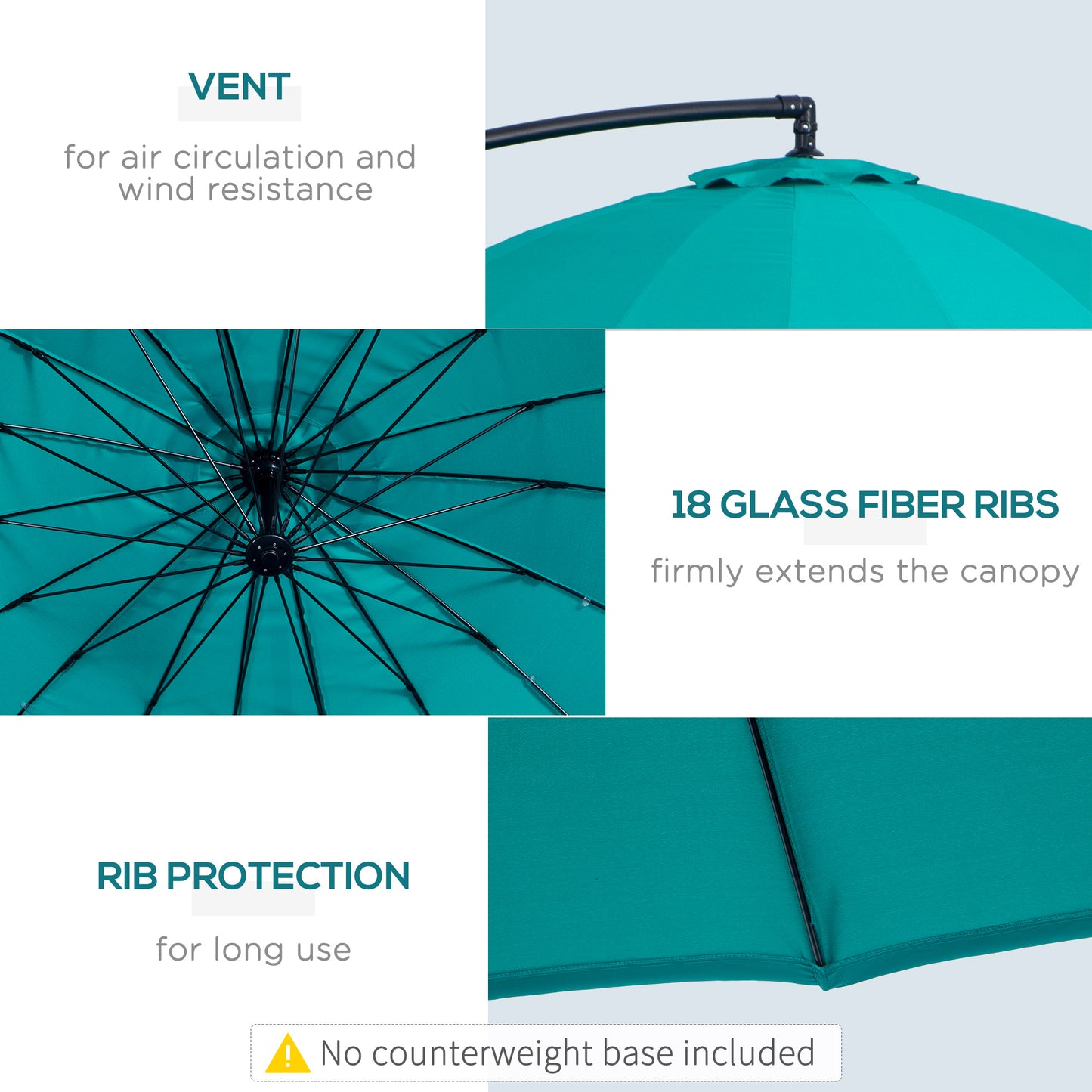 3(m) Cantilever Umbrella 18 Ribs & Vents Adjustable Angle for Patio Green
