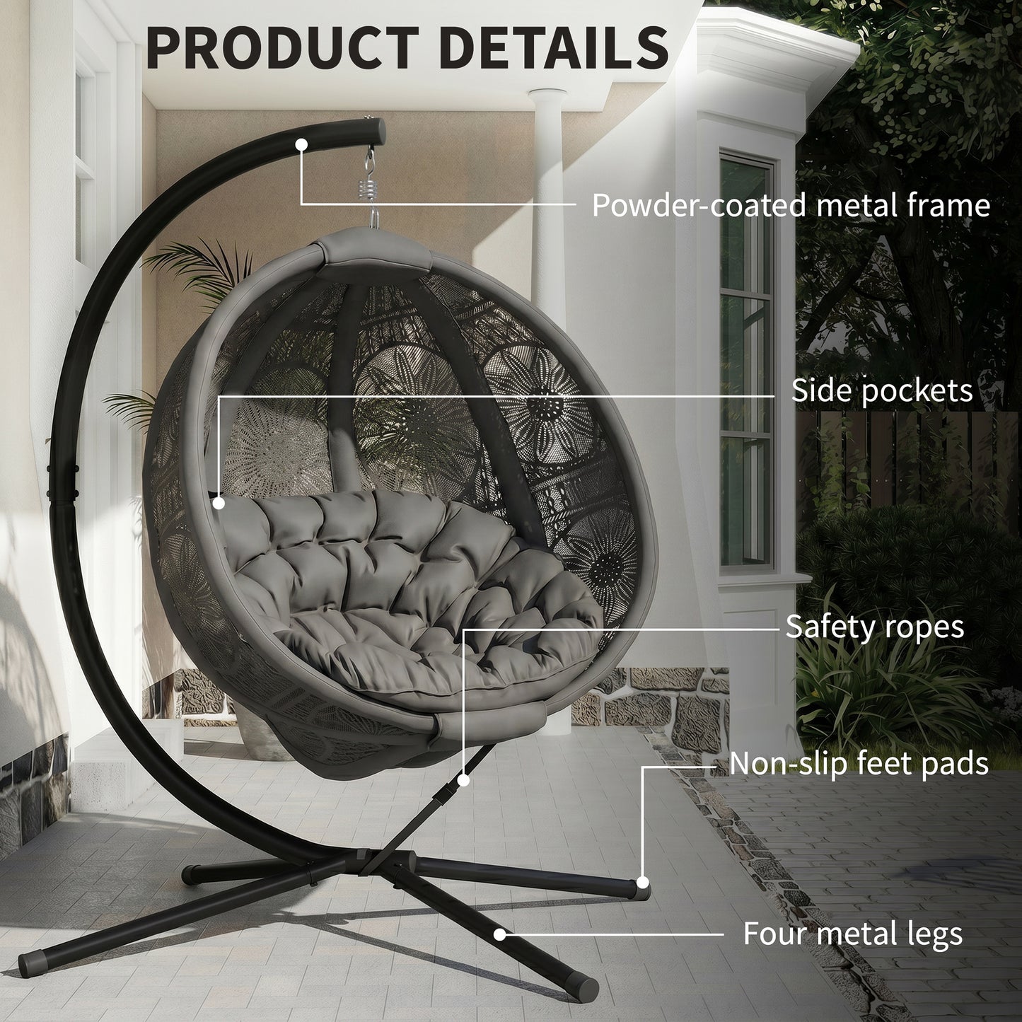 Round Egg Basket Chair, with Steel Stand, Charcoal Grey