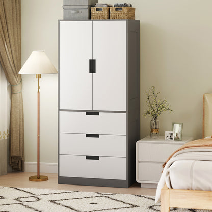 Modern Clothes Storage Cupboard Unit, 3 Drawer 2 Door Wardrobe with Hanging Rod, Grey