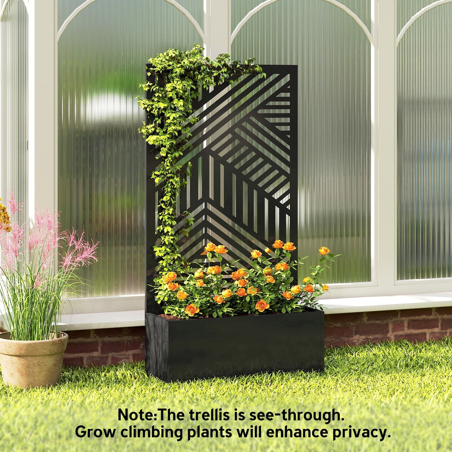 Metal Garden Bed for Garden with Trellis, Raised Garden Bed with Privacy Screen, Geometric Slatted Cut-Out