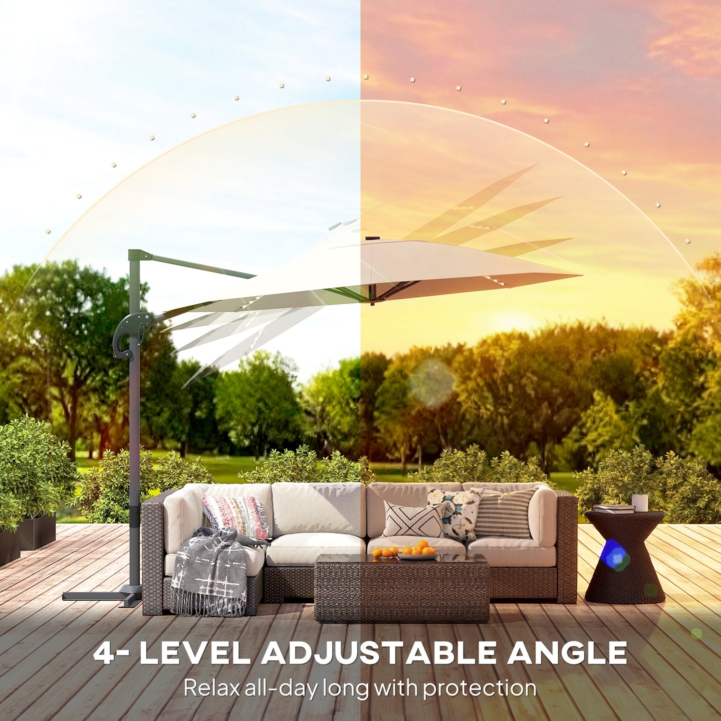 3(m) Cantilever Garden Parasol with Solar Powered Lights, Crank Handle & Cross Base, UPF 50+, 360° Rotation, Cream
