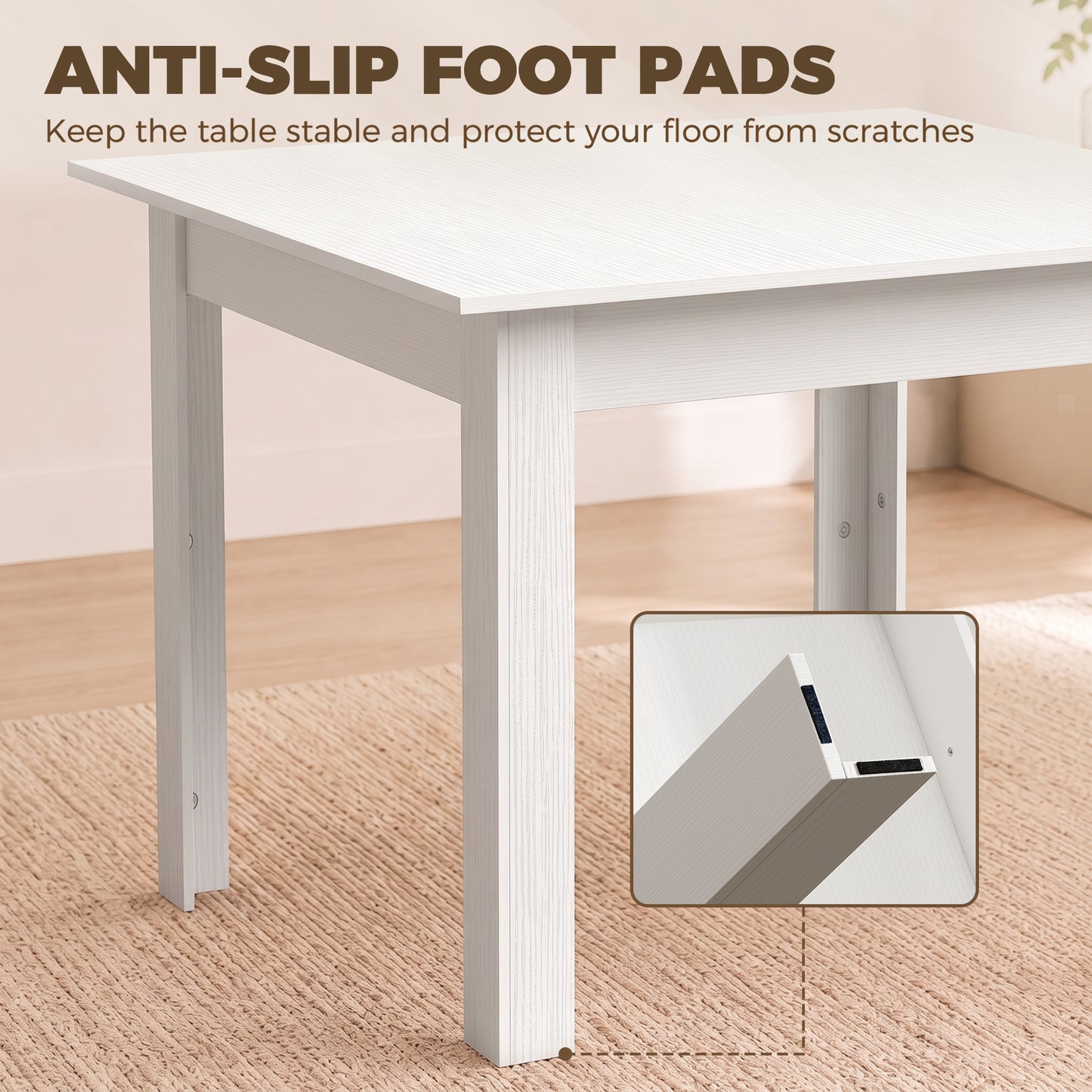 Square Dining Table, Modern Small Dining Table with Wood Effect, Space Saving, Non-slip Foot Pads, White