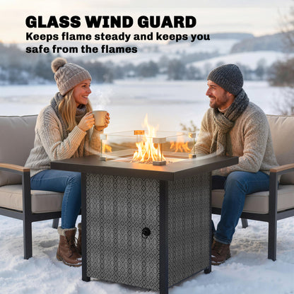 Propane Gas Fire Pit Table for Garden, 11.7 KW Smokeless Firepit Outdoor Heater with Wind Guard, Glass Rocks, Lid, Black