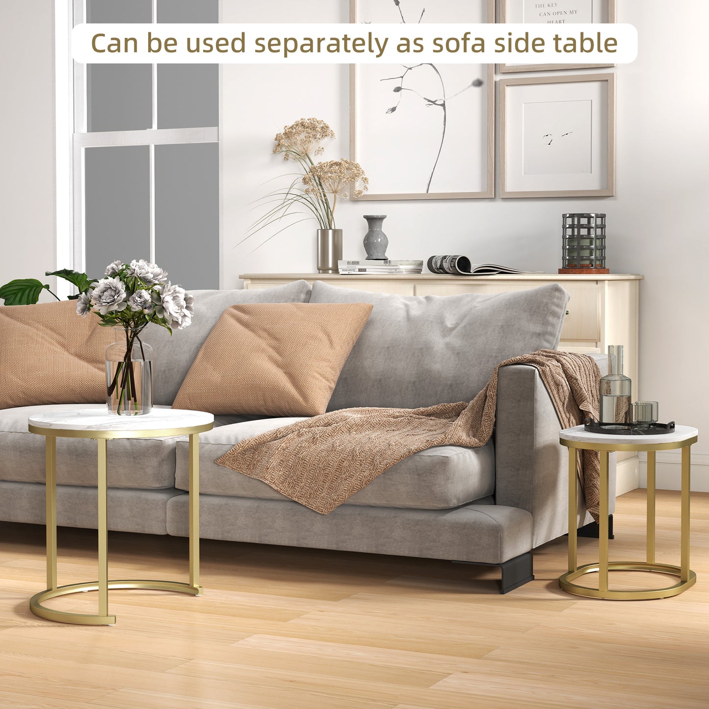Nest of Tables with Steel Frame and Faux Marble Tabletop, Modern Coffee Table Set of 2, Gold Tone/White
