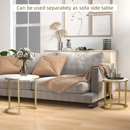 Nest of Tables with Steel Frame and Faux Marble Tabletop, Modern Coffee Table Set of 2, Gold Tone/White