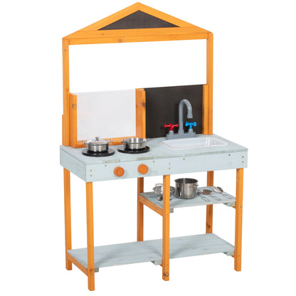 Mud Kitchen for Kids, Outdoor Wooden Play Kitchen with Sink, Stove, Cookware, Shelves, Pretend Play Toy for Ages 3-8