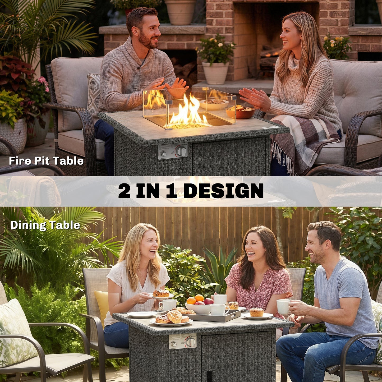 14.5 KW Rattan Gas Fire Pit Dining Table with Rain Cover, Wind Guard, Lid, Lava Rocks, Dark Grey