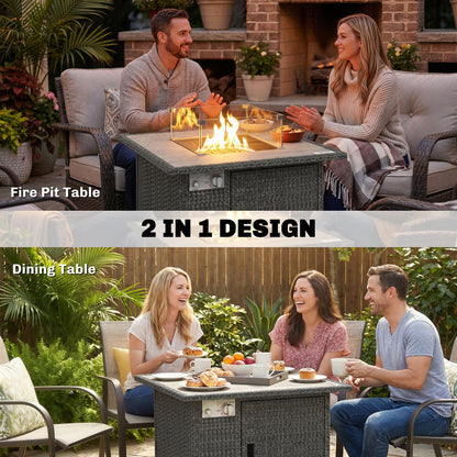 14.5 KW Rattan Gas Fire Pit Dining Table with Rain Cover, Wind Guard, Lid, Lava Rocks, Dark Grey