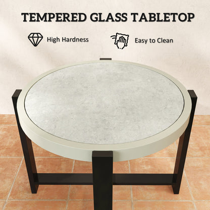 Round Small Garden Table, 60cm Outdoor Side Table with Faux Marble Tempered Glass Top, Aluminium Frame for Garden, Patio