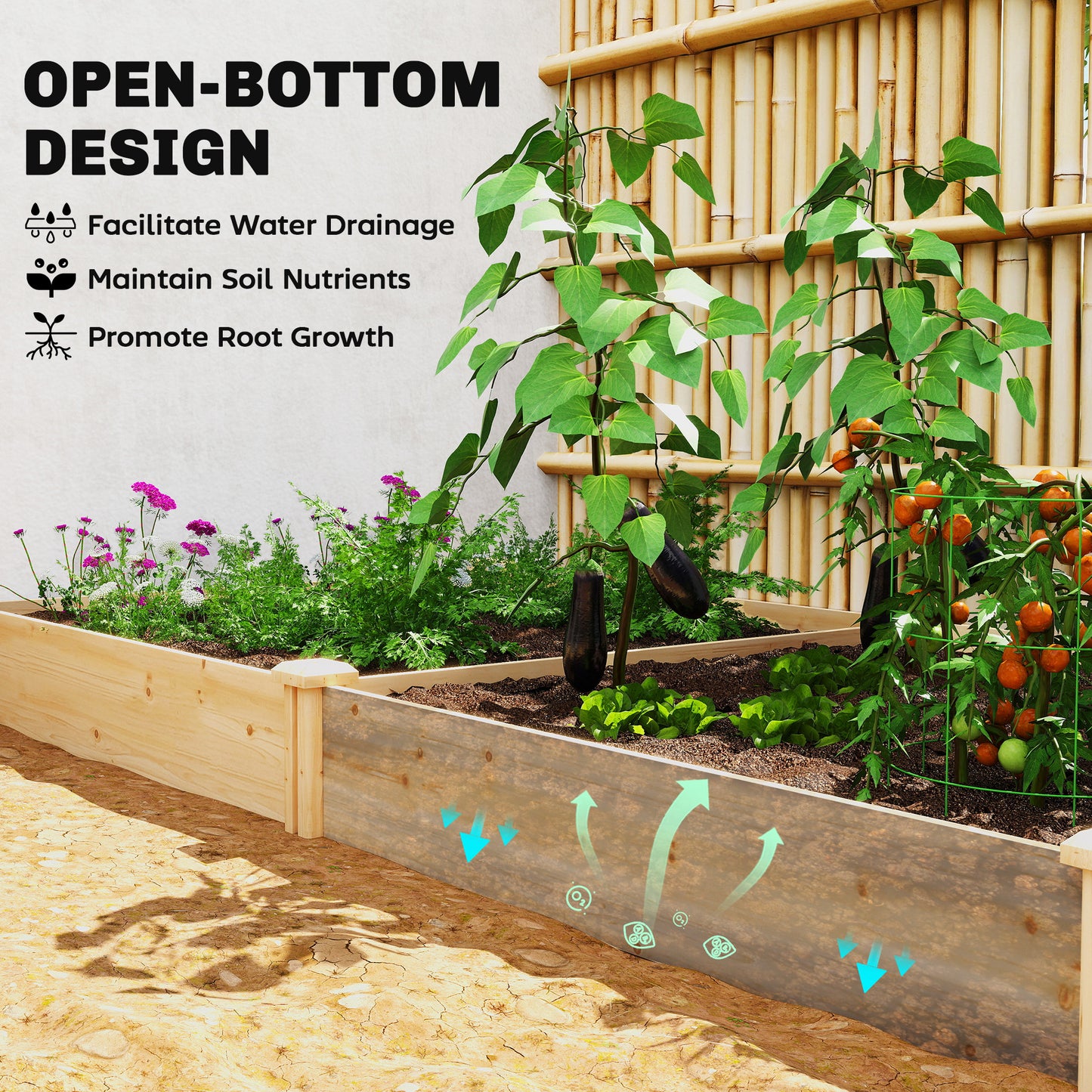 Raised Garden Bed, Wooden Planter Box with Divider and Open Bottom for Flowers, Herbs, Vegetables, DIY Painting