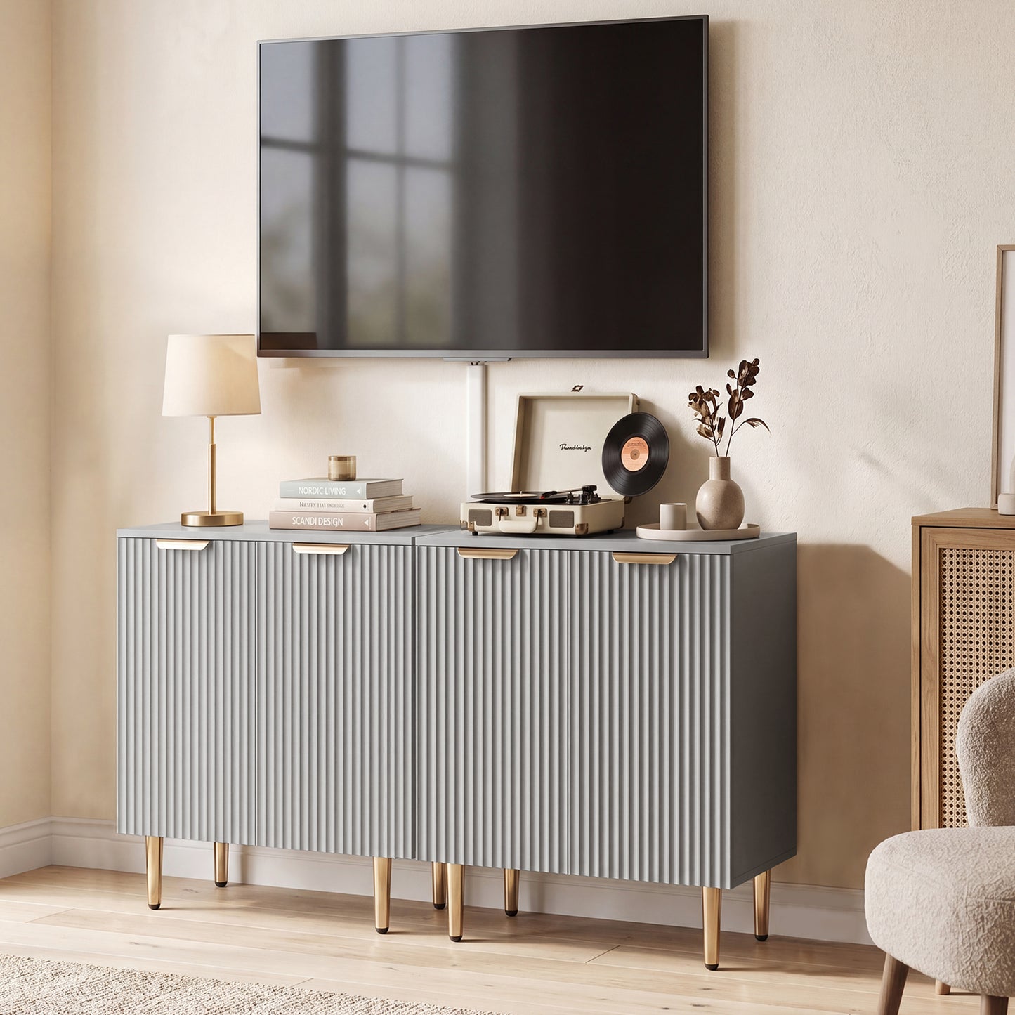 Sideboard Buffet Cabinet, Modern Kitchen Storage Cabinet with Adjustable Shelf and Metal Legs, Grey