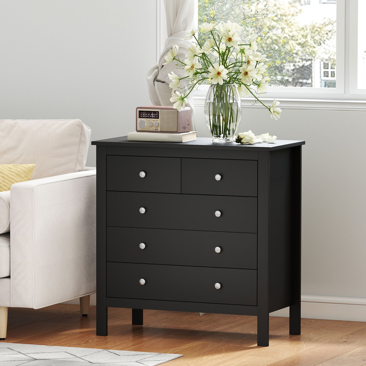 5 Drawer Dresser for Bedroom, Modern Chest of Drawers, Wide Storage Unit for Living Room, Hallway, Black