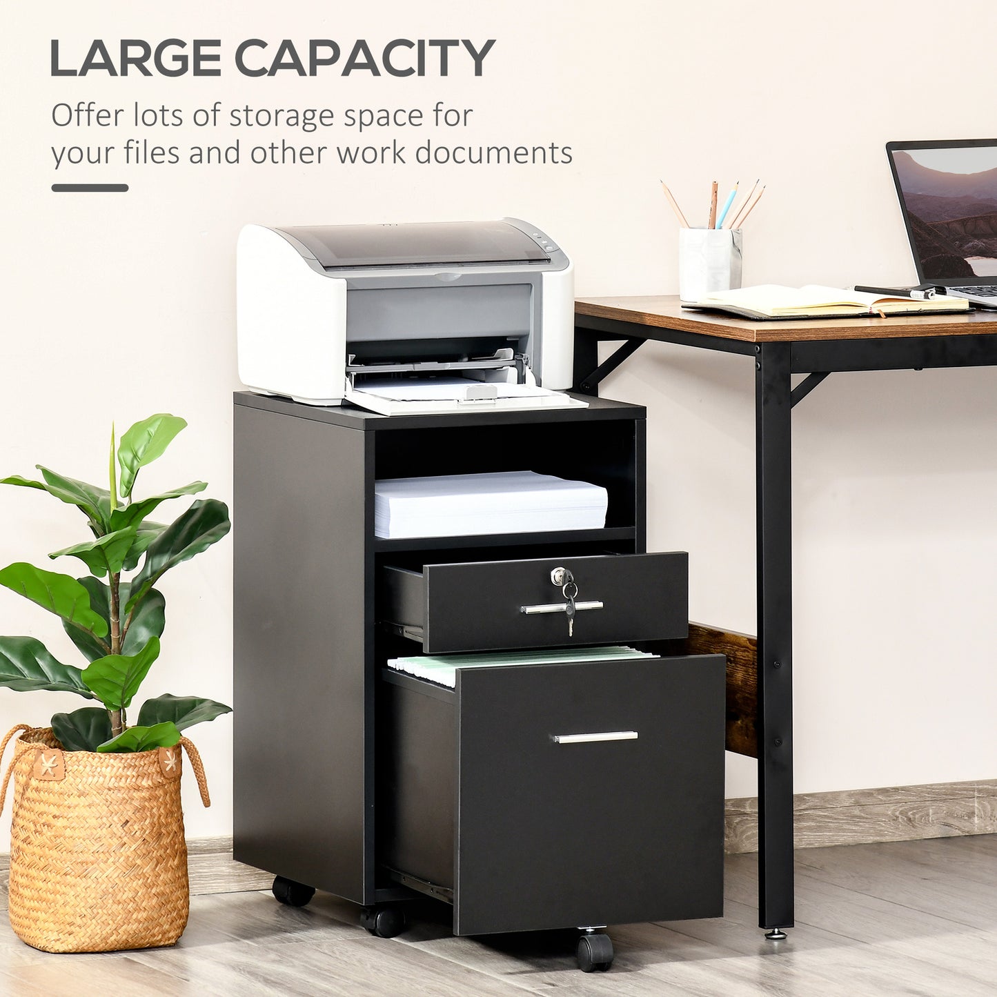 Lockable Two-Drawer Filing Cabinet, with Wheels - Black
