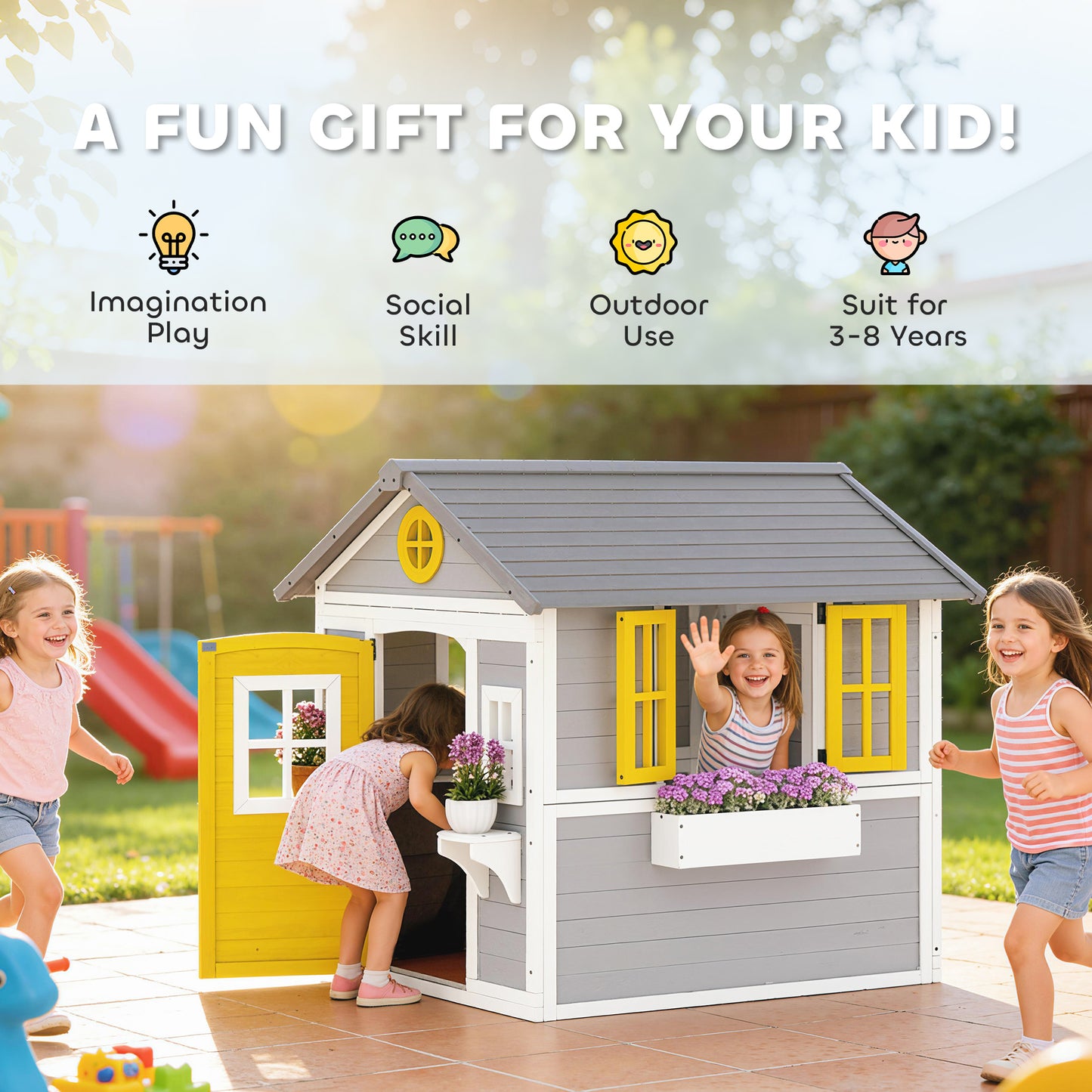 Wooden Playhouse with Doors, Windows, Plant Pots, Boxes, for 3-8 Years - Grey