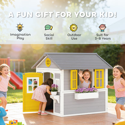 Wooden Playhouse with Doors, Windows, Plant Pots, Boxes, for 3-8 Years - Grey