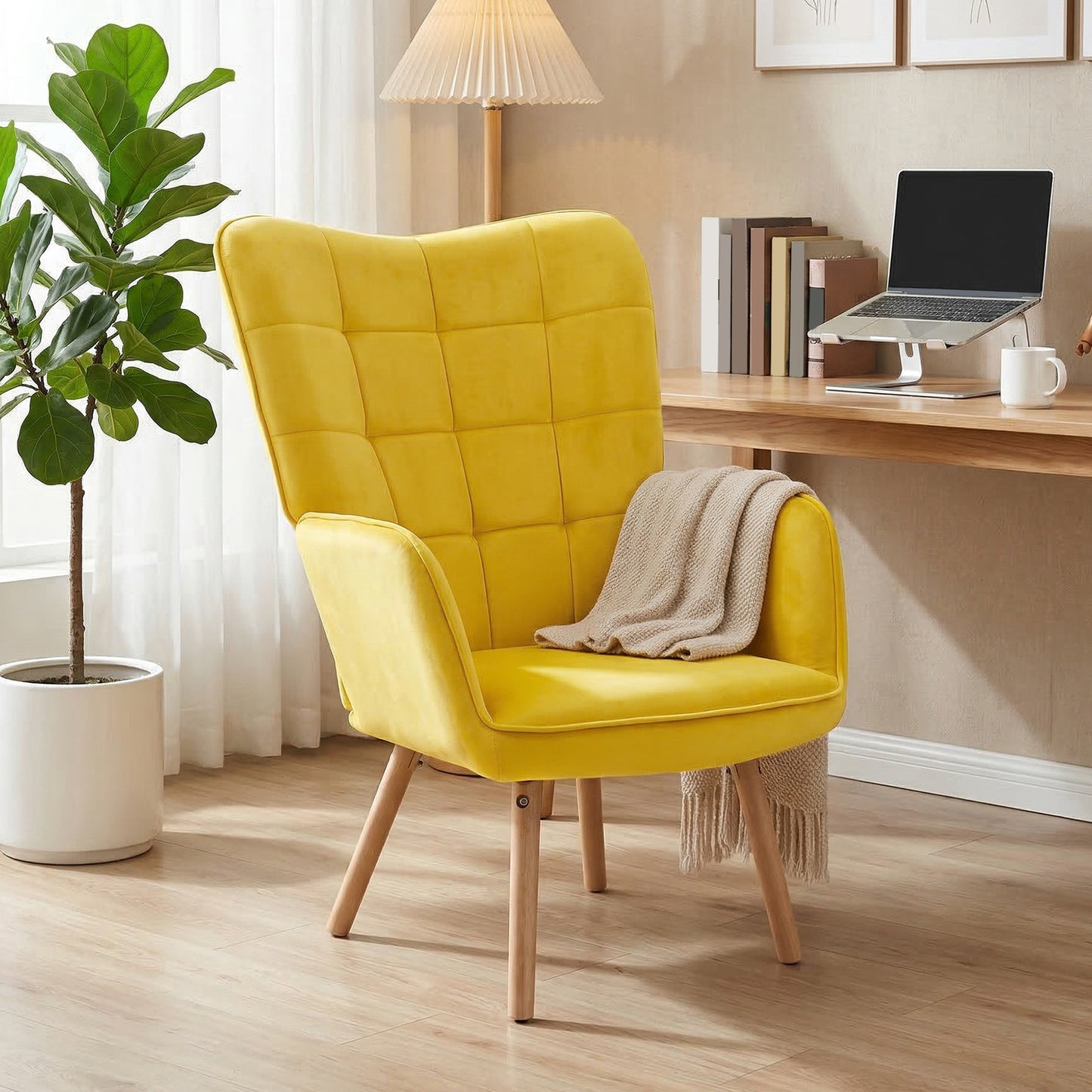 Modern Accent Chair, Upholstered High Back Armchair with Tufted Wingback, Seat Padding
