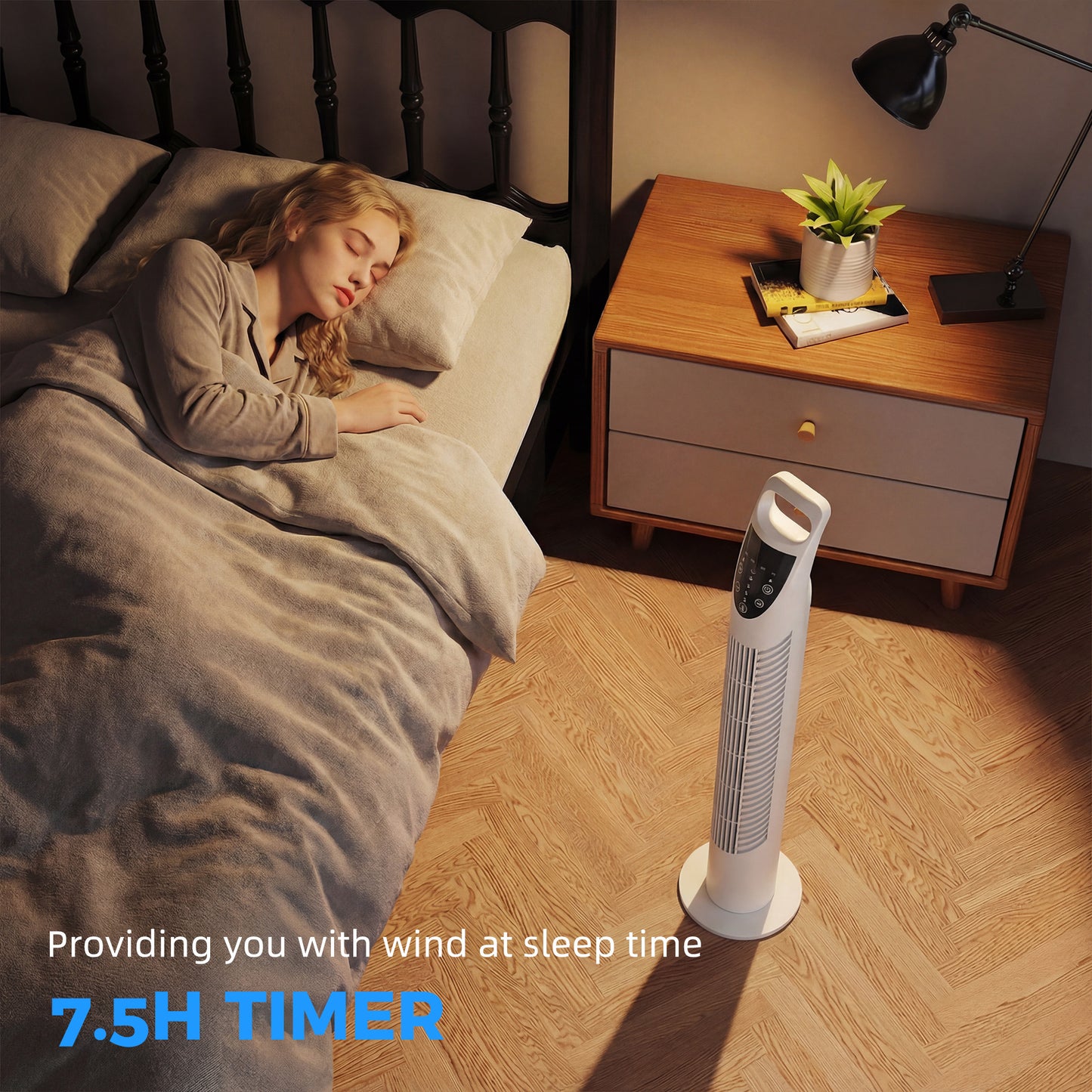 Tower Fan Oscillating 3 Speeds 3 Winds 40W w/ RC Timer Quiet - White
