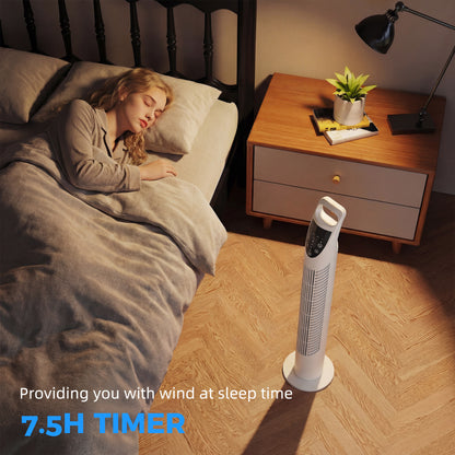 Tower Fan Oscillating 3 Speeds 3 Winds 40W w/ RC Timer Quiet - White