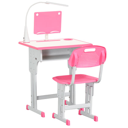 Kids Desk and Chair Set Adjustable Height Study Table Set with Drawer, Book Stand, Pen Slot - Pink