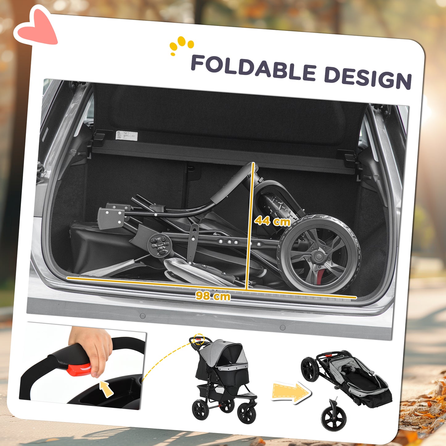 Dog Stroller Pram, 3-Wheel Foldable Pet Stroller with Invisible Sky Roof, for Small Dogs & Cats, Red