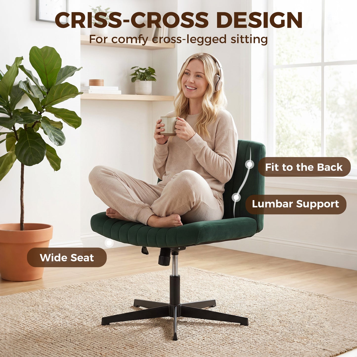 Flannel Criss Cross Legged Desk Chair, Armless Office Chair No Wheels, Green