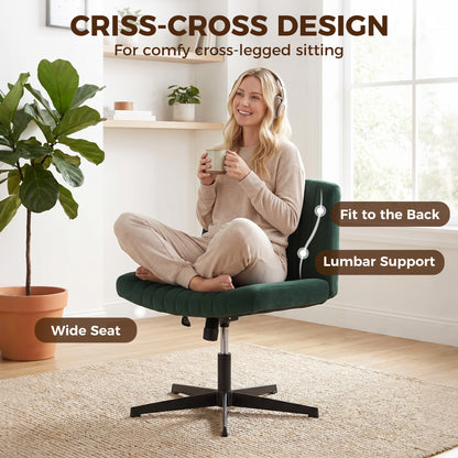 Flannel Criss Cross Legged Desk Chair, Armless Office Chair No Wheels, Green