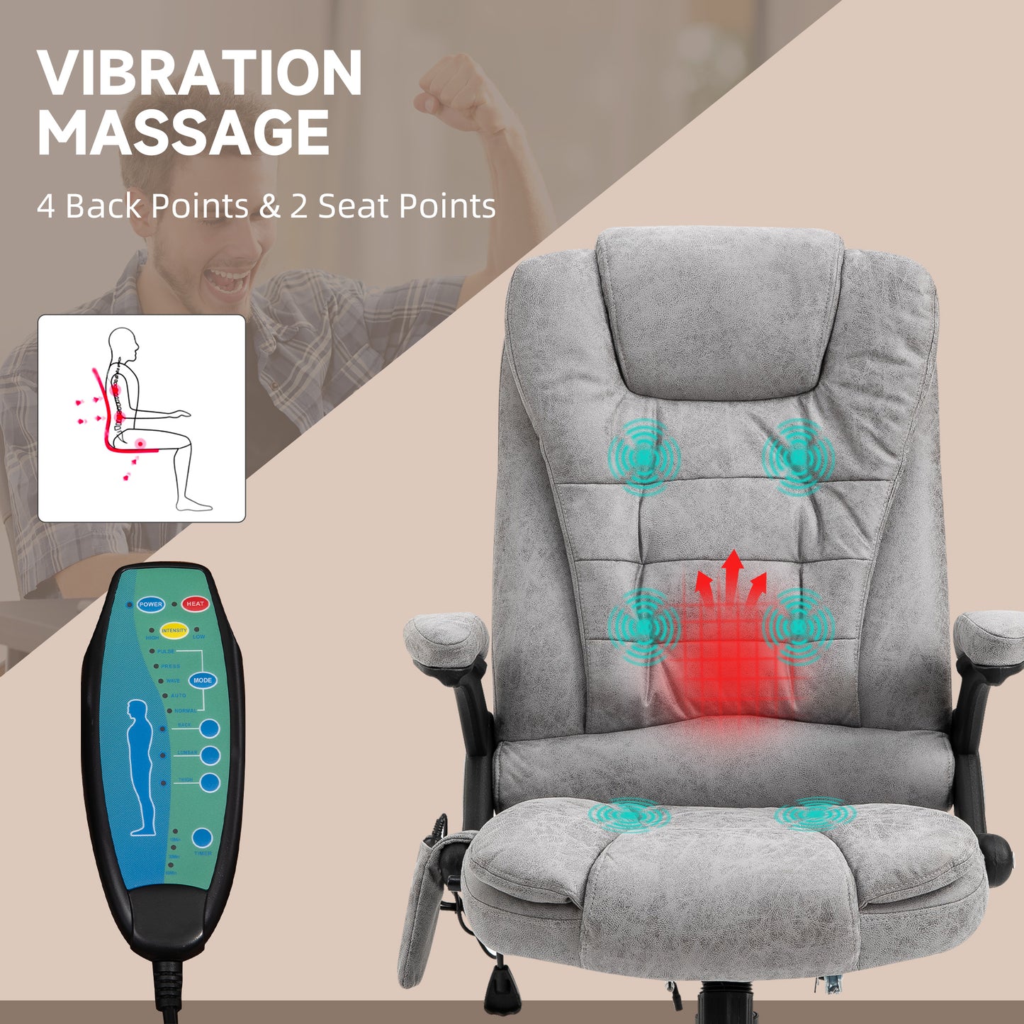 Massage Recliner Chair Heated Office Chair with Six Massage Points Microfiber Cloth 360° Swivel Wheels Grey