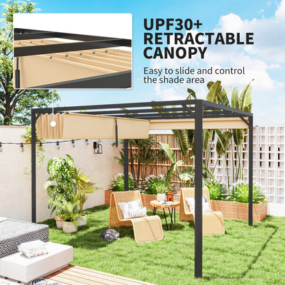 3 x 3m Aluminium Pergola, with Retractable Roof and Wall - Khaki