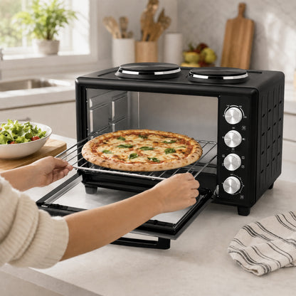 46L Mini Oven with Dual Hot Plates, Electric Countertop Cooker with Convection, 90–230°C Adjustable Temperature