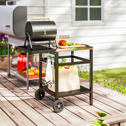 BBQ Trolley with Stainless Steel Top and Foldable Side Table, Outdoor Kitchen Barbecue Station with Hooks and Shelf