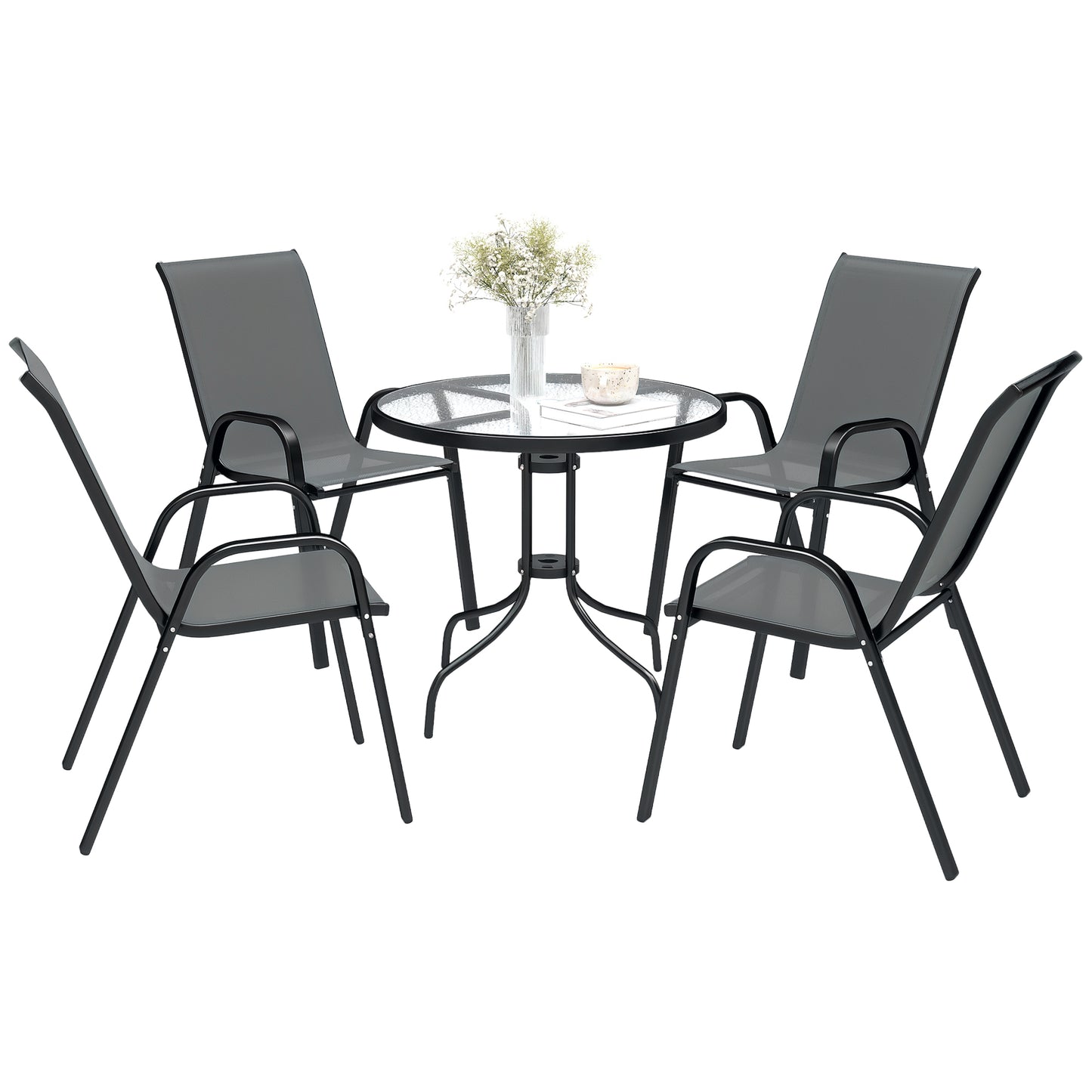 Five-Piece Steel Patio Set, with Glass-Top Table - Dark Grey