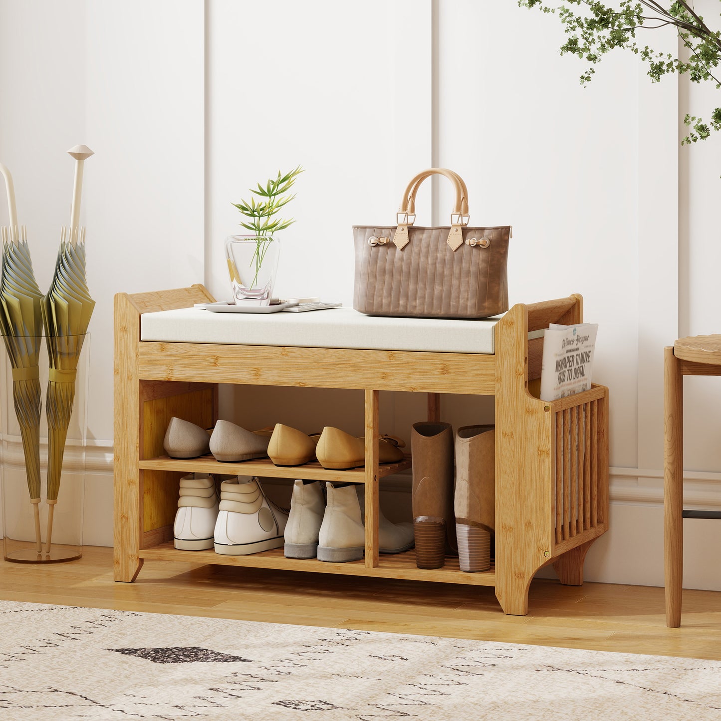 Shoe Bench 2-Tier Boot Section Entryway Storage Bench Cushioned Seat 80 x 30 x 50 cm Natural and Cream