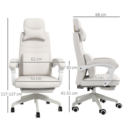 Linen-Look Office Chair, with 160° Reclining Back and Footrest - White