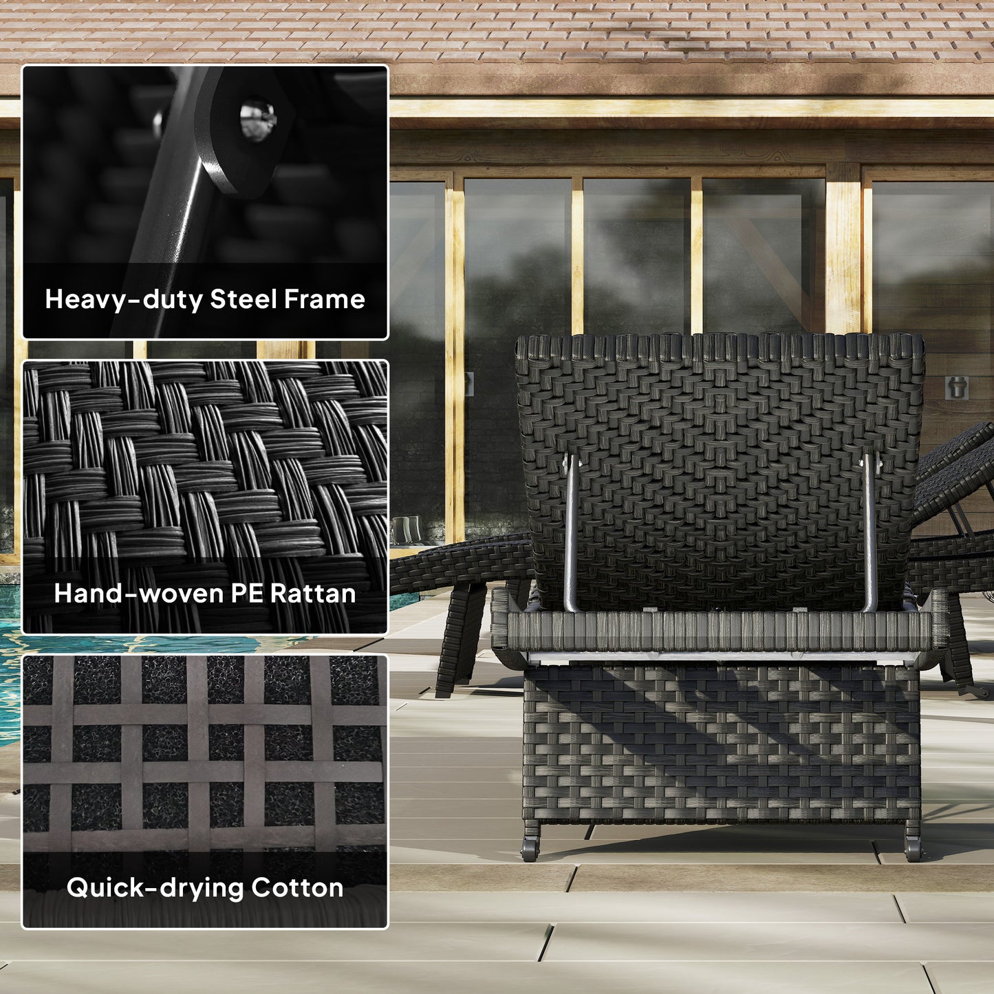 Outdoor PE Rattan Sun Lounger, Folding Wicker Garden Lounger Recliner with 4-Level Adjustable Backrest