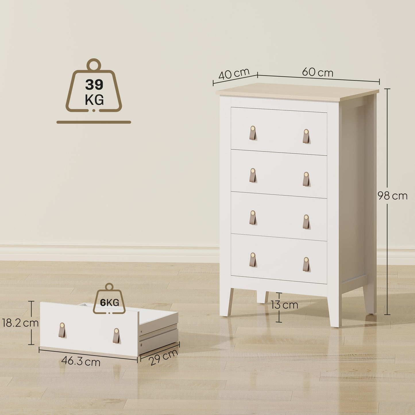 Bedroom Chest of Drawers, Modern 4 Drawer Dresser Cabinet with PU Leather Handles and Metal Runners for Living Room, Hallway