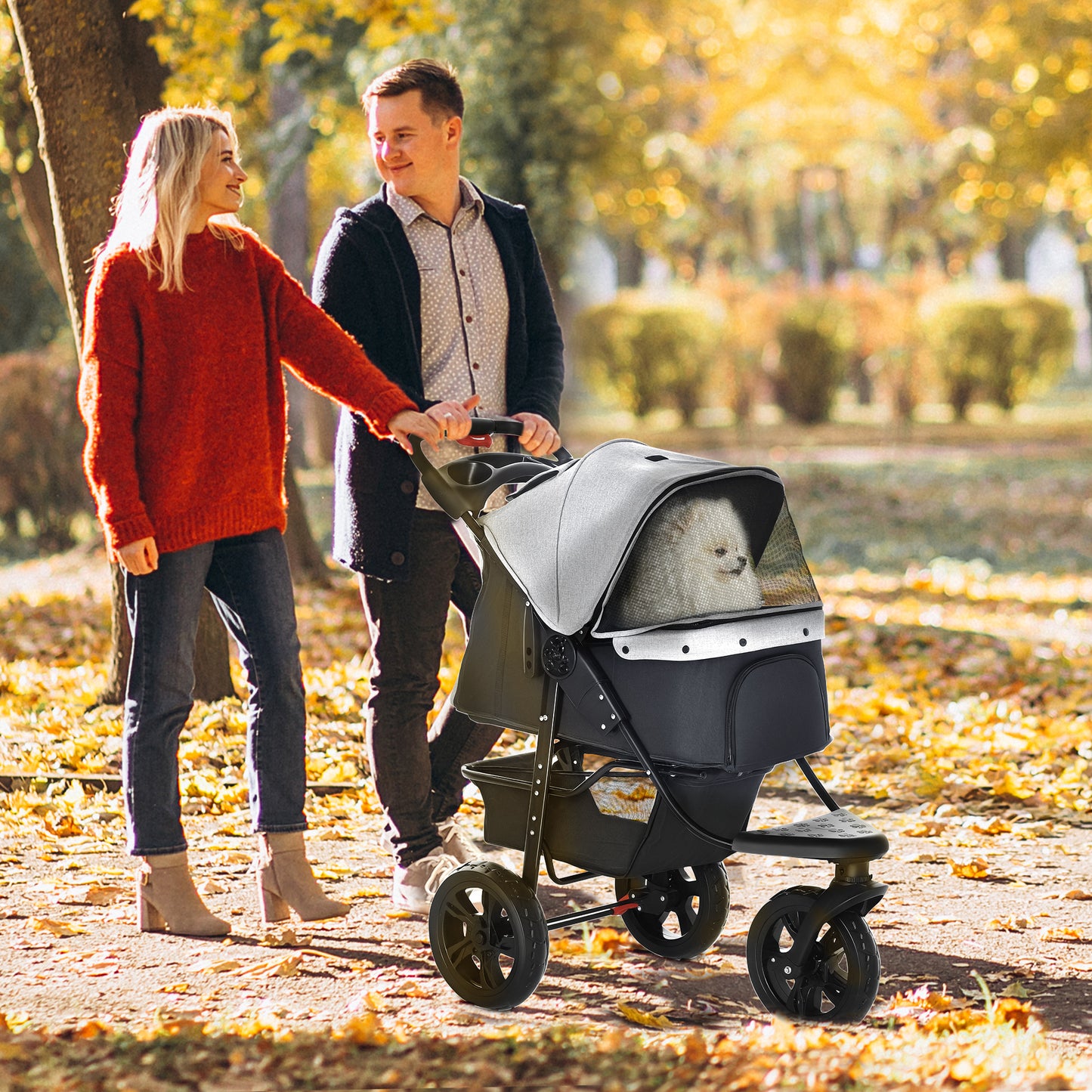 Dog Stroller Pram, 3-Wheel Foldable Pet Stroller with Invisible Sky Roof, for Small Dogs & Cats, Red