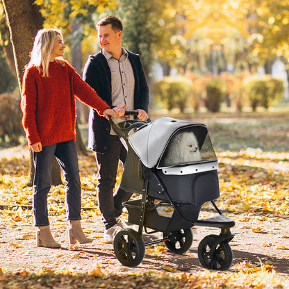 Dog Stroller Pram, 3-Wheel Foldable Pet Stroller with Invisible Sky Roof, for Small Dogs & Cats, Red
