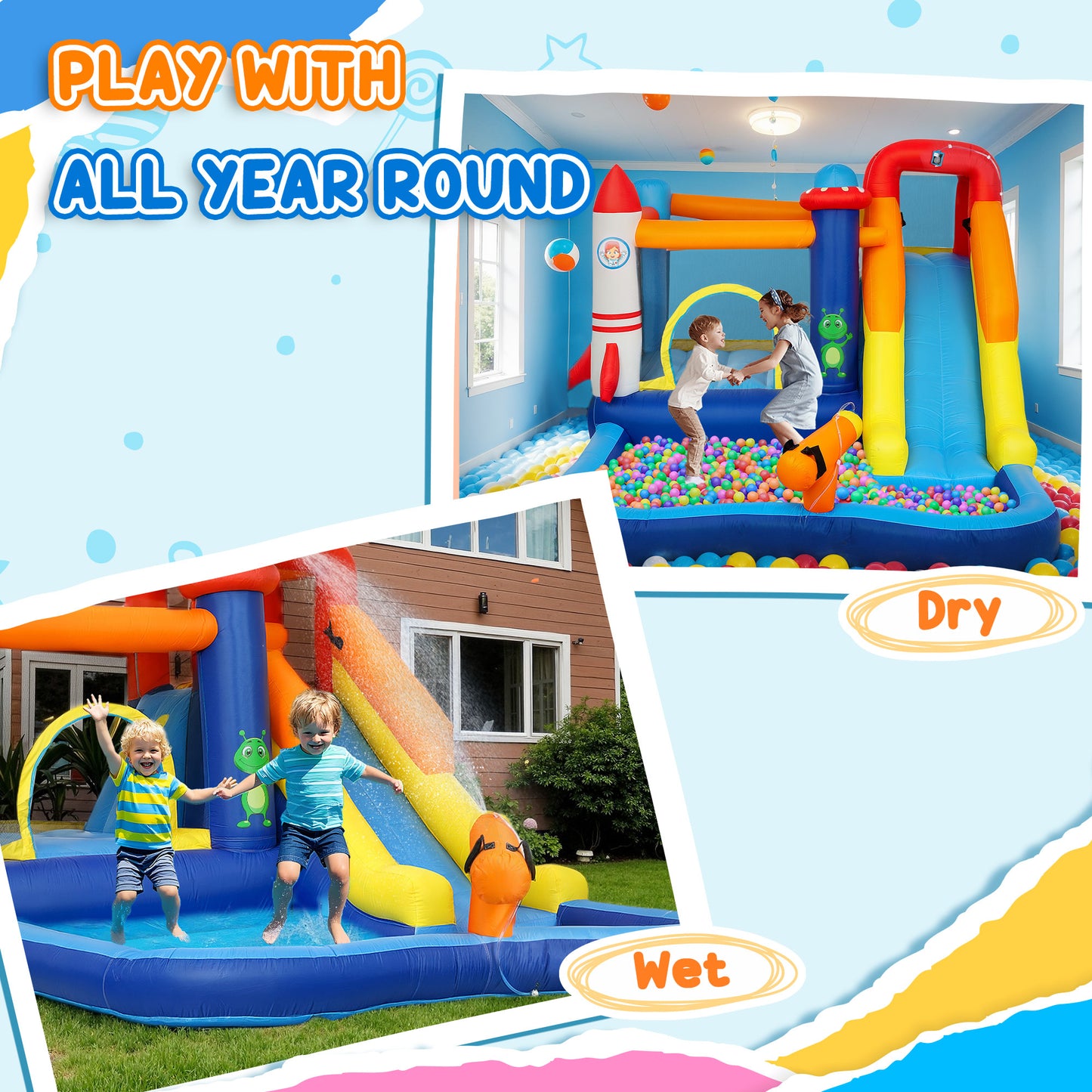5 in 1 Bouncy Castle for Children with 550W Blower, Water Slide, Splash Pool, Jumping Area, Climbing Wall, Cannon