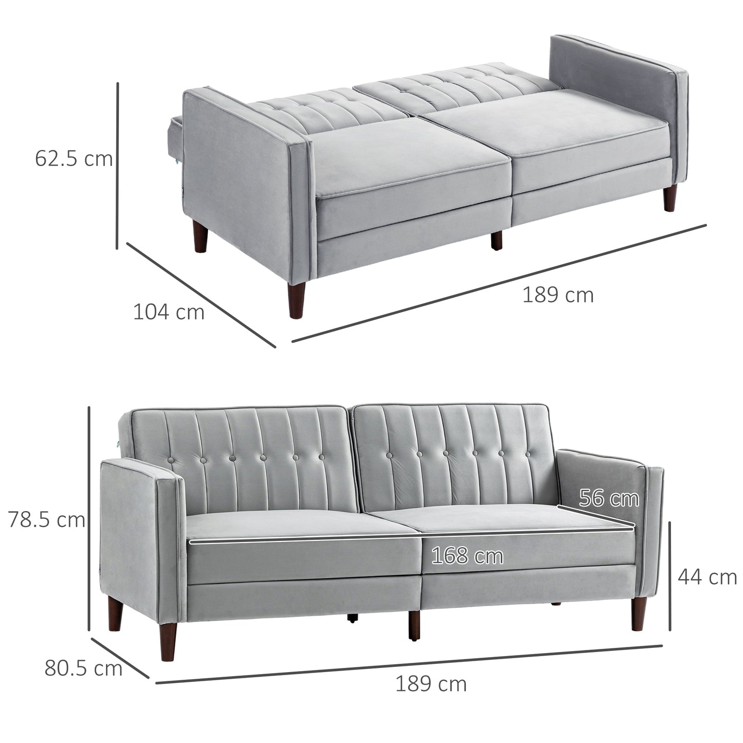 Modern Convertible Sofa Futon Velvet-Touch Tufted Couch with Adjustable Split Back, Light Grey