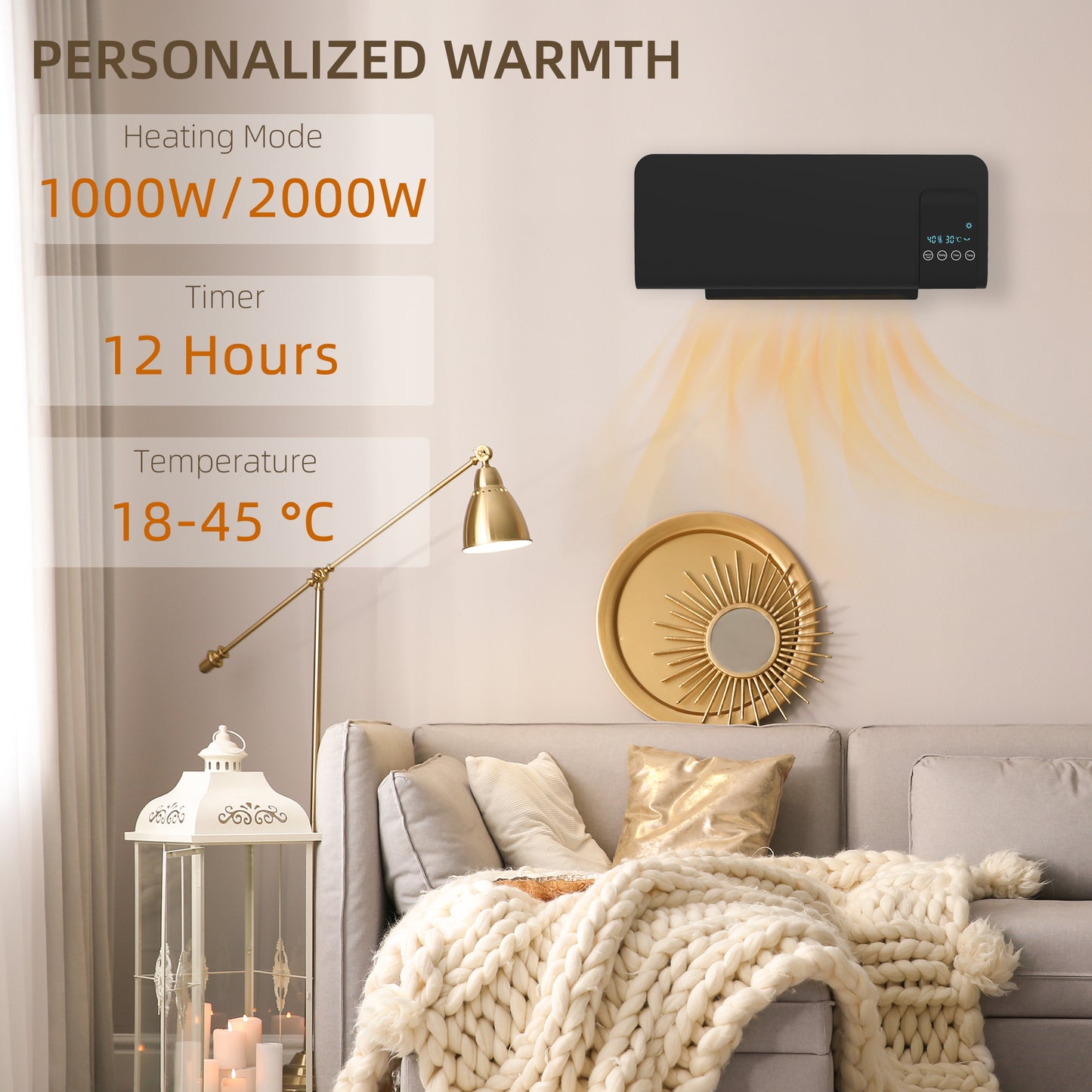 2000W Wall Mounted Heater, 18-45°C Temperature, Black