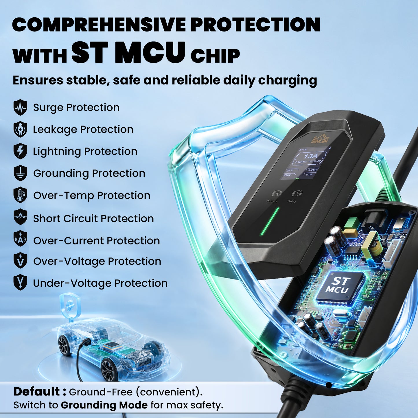 EV Charger Type 2 to 3 Pin Plug, 10 m, 2.8 kW, 6-13 A, Electric Car Charger Type 2 Charging Cable w/ 1-12 h Time Delay