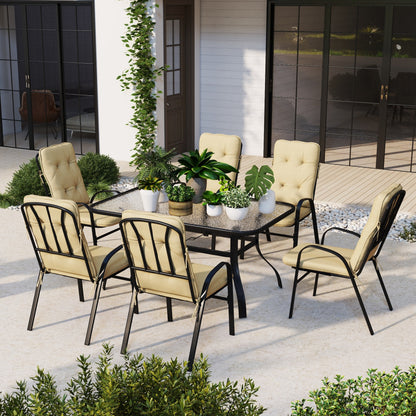 Seven-Piece Garden Dining Set with Ripple Tempered Glass Tabletop and Full-size Cushions - Beige