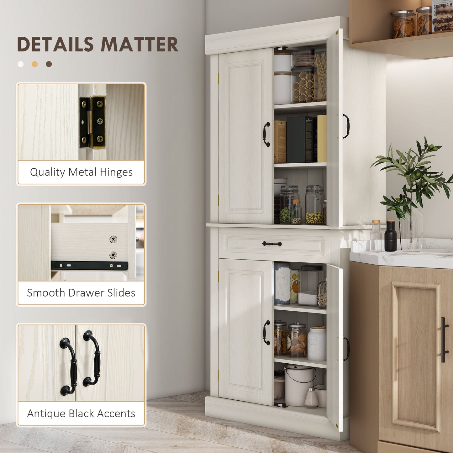 Tall Kitchen Cupboard, Kitchen Pantry Cabinet with 6 Shelves and Drawer, Cream White