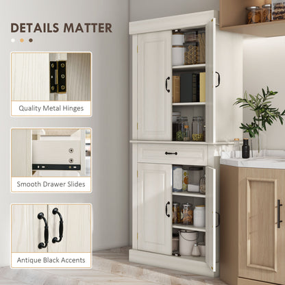 Tall Kitchen Cupboard, Kitchen Pantry Cabinet with 6 Shelves and Drawer, Cream White