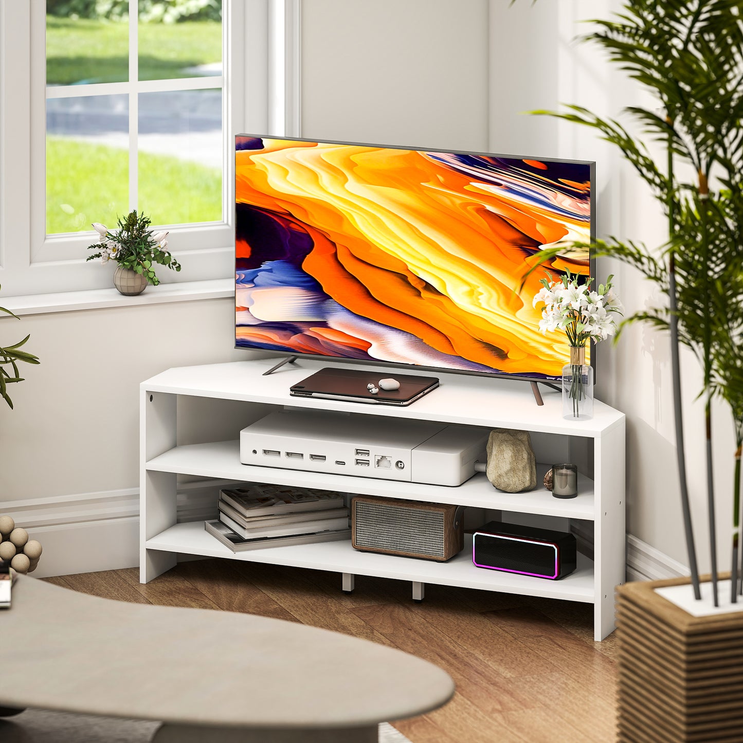 Corner TV Stand with 2 Open Shelves for 47 Inch TV - White