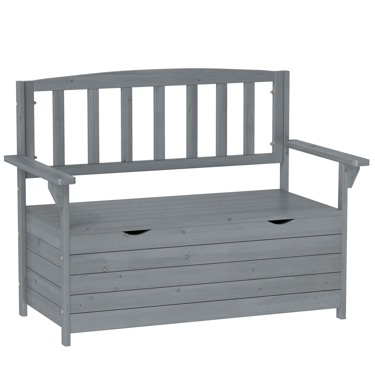 Outdoor 2 Seater Garden Bench, Wooden Bench with Storage, Backrest, Arm Rests, 112 x 84 x 58 cm, Grey